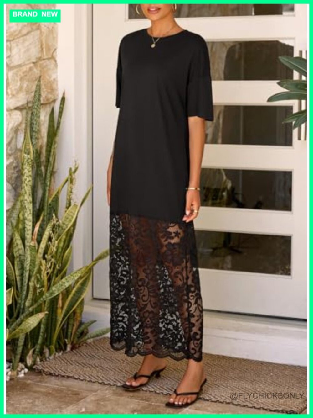 Women Short Sleeve Lace Patchwork Crew Neck Maxi Dress Summer Trendy - Picture 4 of 6